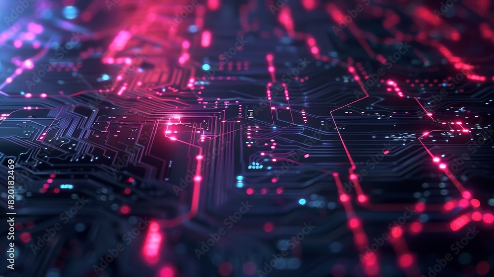 Illuminated circuit board close-up view - A detailed image showcasing a circuit board with glowing red nodes and pathways, representing technology and data Illuminated circuit board close-up view - A detailed image showcasing a circuit board with glowing red nodes and pathways, representing technology and data