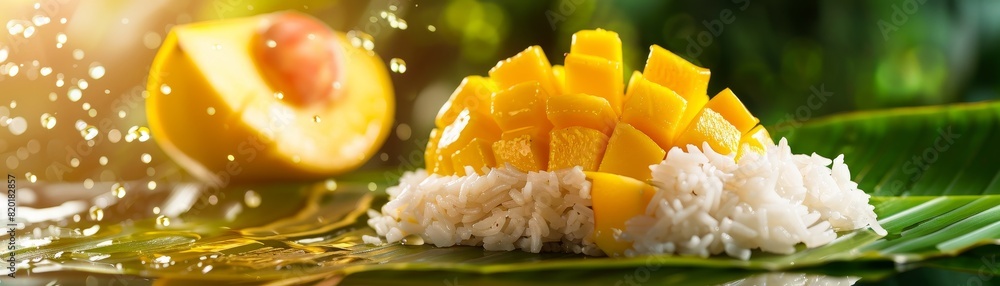 Mango sticky rice, ripe mango slices and sweet coconut milk, served on a banana leaf, vibrant orchard setting Mango sticky rice, ripe mango slices and sweet coconut milk, served on a banana leaf, vibrant orchard setting