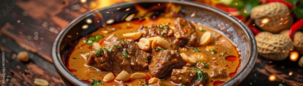 Massaman curry, rich and nutty with tender beef, served in a traditional ceramic bowl, garnished with roasted peanuts, warm ambient lighting Massaman curry, rich and nutty with tender beef, served in a traditional ceramic bowl, garnished with roasted peanuts, warm ambient lighting