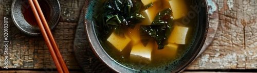 Miso soup, served with tofu and seaweed, traditional Japanese breakfast setting photo