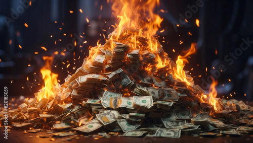 A pile of banknotes burns in the dark