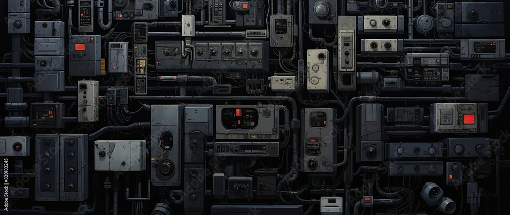 Obraz premium A dark, intricate industrial panel featuring complex wiring and numerous control units, showcasing advanced engineering and technology..