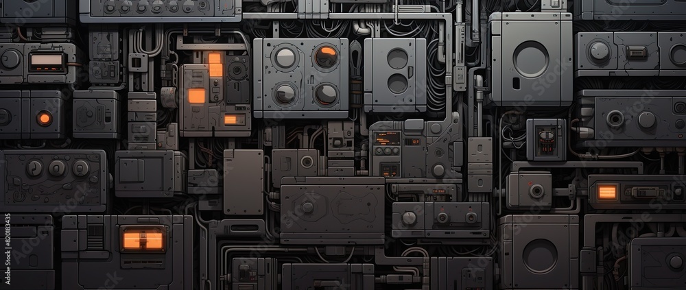 Obraz premium A dark, intricate industrial panel featuring complex wiring and numerous control units, showcasing advanced engineering and technology..