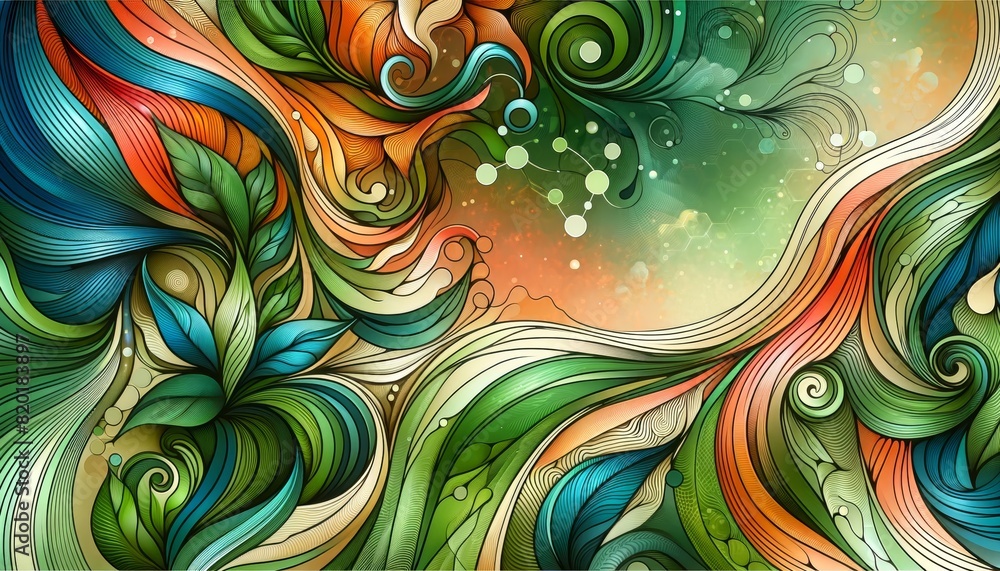 Abstract illustration with vibrant green, orange, and yellow swirls and leaf-like patterns, creating a dynamic, nature-inspired design. Abstract illustration with vibrant green, orange, and yellow swirls and leaf-like patterns, creating a dynamic, nature-inspired design.