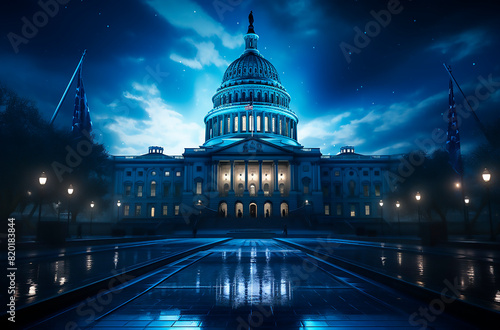 Includes iconic American symbols and landmarks. A modern artistic interpretation of the US Capitol building. The light indigo color scheme adds a unique touch to traditional images. photo
