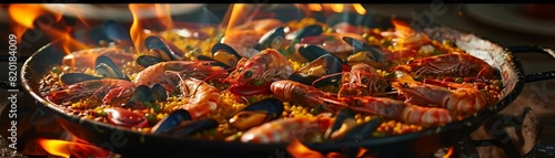 Paella, vibrant and colorful with seafood and saffron rice, large traditional pan, Spanish beachside celebration