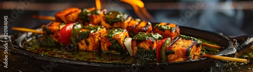 Paneer tikka, marinated and grilled Indian cheese, served with mint chutney, vibrant Delhi eatery photo