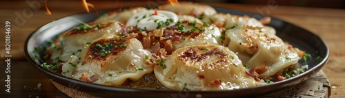 Pierogies, panfried with onions and bacon, served with sour cream, Polish community hall photo