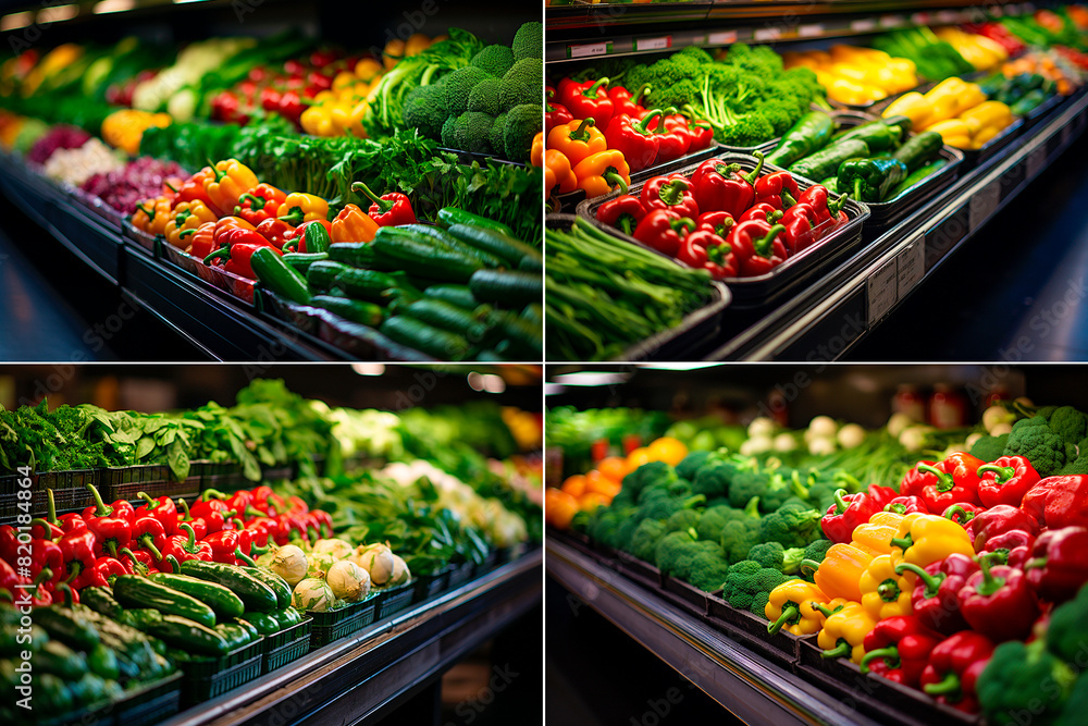 4 photos, Fresh food counters in a supermarket Variety of fruits and vegetables on display Bright and colorful presentation to attract customers Focus on healthy and nutritious products