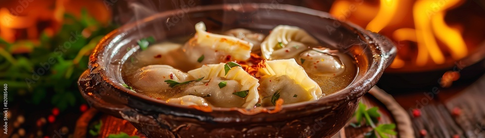 Russian pelmeni, dumplings filled with meat, served in a rich broth, rustic clay bowl, traditional wooden dacha, early winter evening Russian pelmeni, dumplings filled with meat, served in a rich broth, rustic clay bowl, traditional wooden dacha, early winter evening