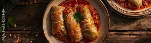 Romanian sarmale, cabbage rolls filled with spiced meat and rice, traditional ceramic plate, rustic wooden table with vintage eastern European feel