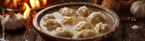 Russian pelmeni, dumplings filled with meat, served in a rich broth, rustic clay bowl, traditional wooden dacha, early winter evening