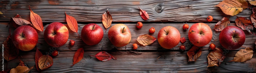 A cozy overhead shot of a rustic wooden table adorned with red apples, orange pumpkins, and scattered fallen leaves, ample space on the right for text. A cozy overhead shot of a rustic wooden table adorned with red apples, orange pumpkins, and scattered fallen leaves, ample space on the right for text.
