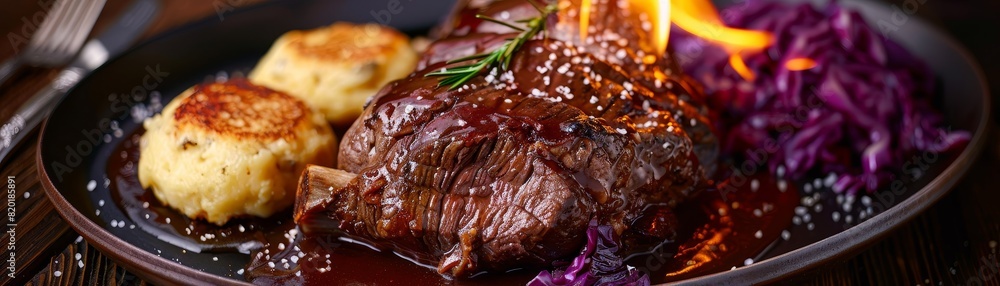 Sauerbraten, German pot roast, marinated and served with red cabbage and dumplings, traditional Bavarian restaurant Sauerbraten, German pot roast, marinated and served with red cabbage and dumplings, traditional Bavarian restaurant