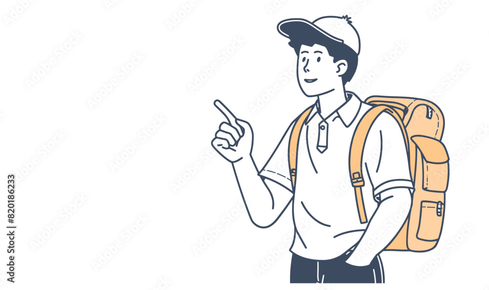 High school student pointing to copy space, education, learning, adolescence, excitement, opportunity, empowerment, aspiration, achievement, line art vector illustration, modern line art minimal color