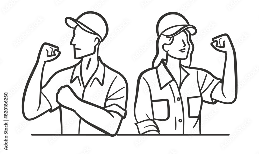 Job-hunting men and women doing fist pump, success, employment, career, opportunities, achievement, excitement, line art vector illustration, modern line art.