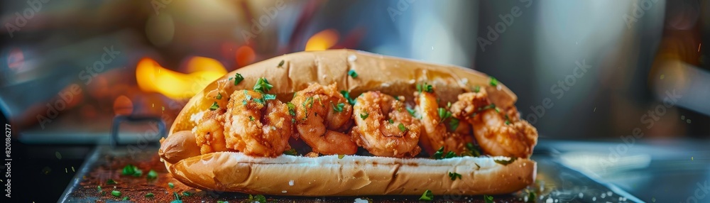 Shrimp poboy, fried shrimp in a baguette, lively New Orleans music festival Shrimp poboy, fried shrimp in a baguette, lively New Orleans music festival