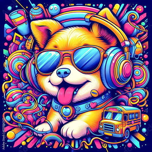 Vibrant colorful illustration of a dog wearing headphones listening to music