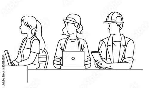 Men and women making inquiries using smartphones and computers, nline communication, digital devices, internet usage, information retrieval,  line art vector illustration, modern line art.  photo