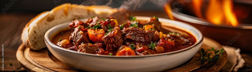 Side view of a steaming bowl of Hungarian goulash, rich and hearty with chunks of beef and vegetables, rustic bread on the side, warm kitchen setting Side view of a steaming bowl of Hungarian goulash, rich and hearty with chunks of beef and vegetables, rustic bread on the side, warm kitchen setting