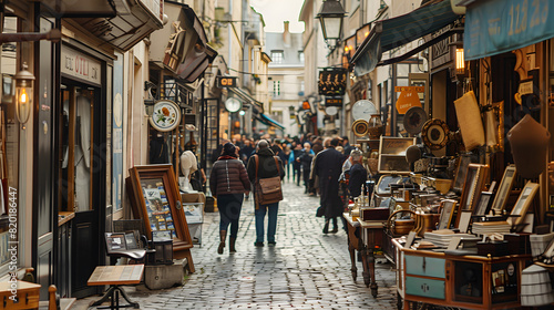 A bustling alley with vintage shops and antique sellers in an old European city.