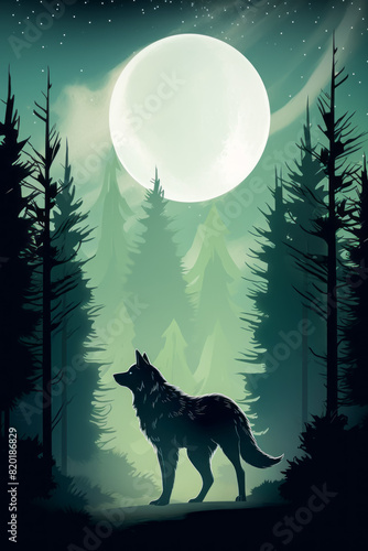 In the forest, a wolf is letting out a haunting howl at the bright full moon, creating a mesmerizing and mysterious atmosphere in the natural landscape © MikeDrone