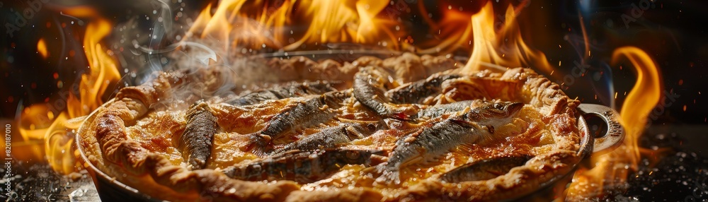 Stargazy pie, baked pie with fish heads poking out, served during a British festival in Cornwall Stargazy pie, baked pie with fish heads poking out, served during a British festival in Cornwall