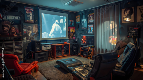 A cinephiles man cave with a large projector screen comfortable recliners and classic movie posters decorating the walls. photo