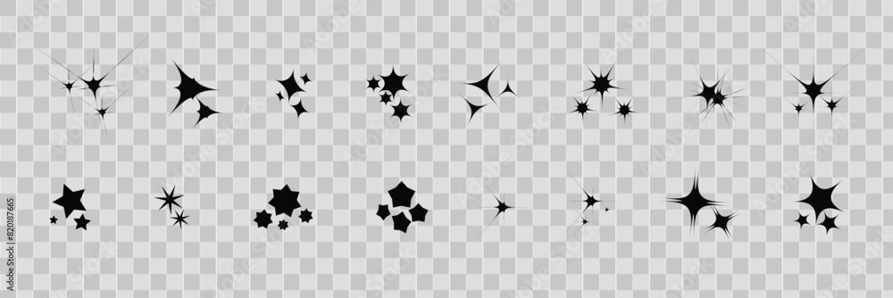 Naklejka premium Sparkles, stars and bursts icons, twinkling stars. Vector set of different black sparkles icons on transparent background. 