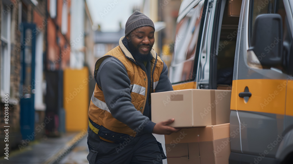 A delivery driver loading boxes into a van. A delivery driver loading boxes into a van.