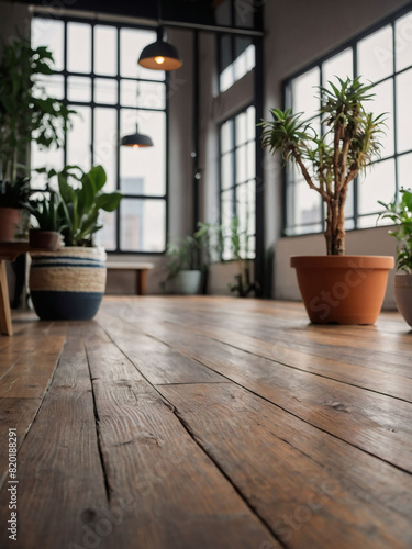 Minimalist loft interior with wooden flooring and potted plants.
