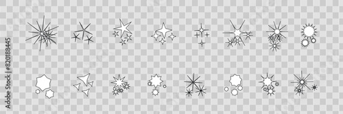 Sparkles, stars and bursts icons, twinkling stars. Vector set of different black sparkles icons on transparent background. 