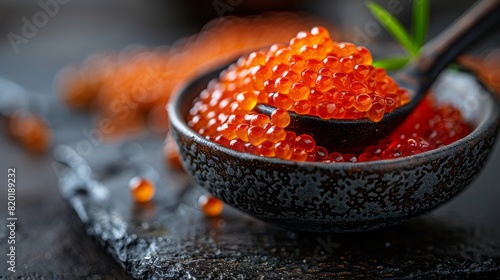 Black spoon full of red caviar on black plate and same color stone concrete table background 