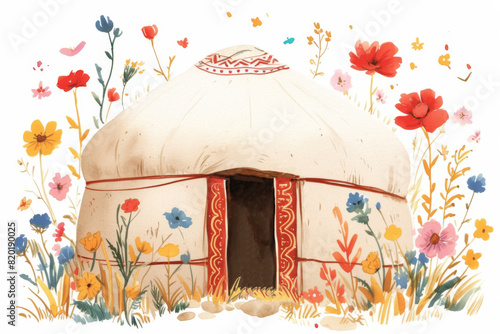 An illustration of yurt in watercolor style. photo