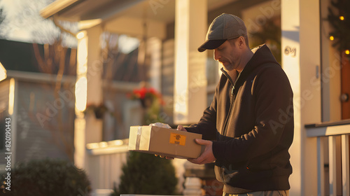 A delivery person leaving a package at a secure delivery box outside a home. © William