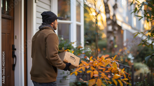 A delivery person leaving a package at a secure delivery box outside a home. photo