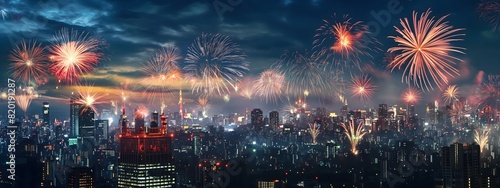Vibrant Fireworks Display Over Cityscape at Night