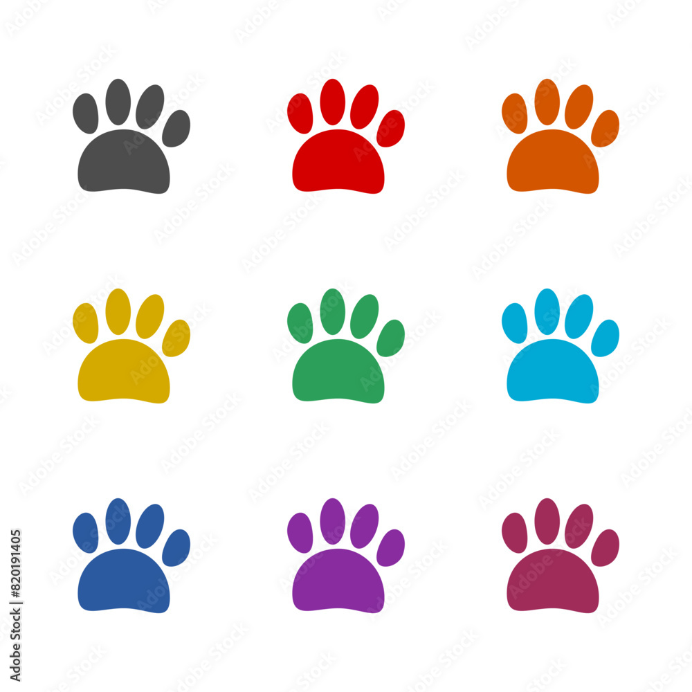 Paw print icon isolated on white background. Set icons colorful Paw print icon isolated on white background. Set icons colorful