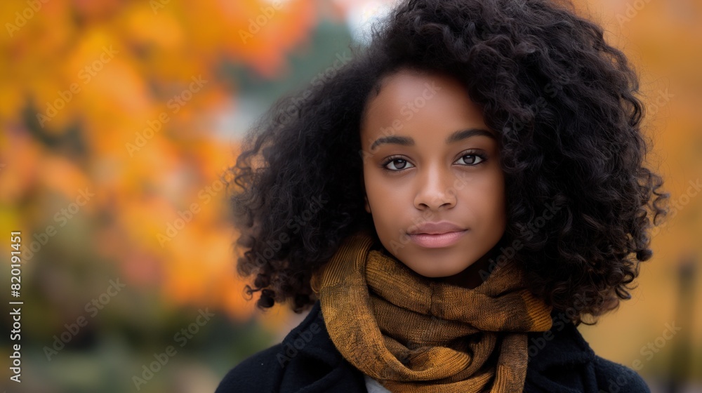 A close-up view of a Black woman wrapped in a scarf during autumn A close-up view of a Black woman wrapped in a scarf during autumn