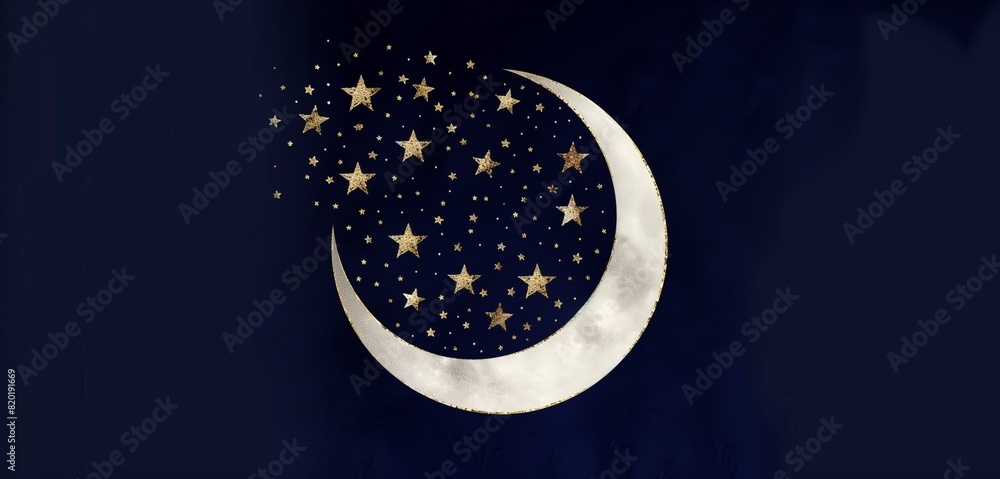 Elegant minimalist white crescent moon with golden stars on a deep navy blue background for Eid ul Adha celebration,