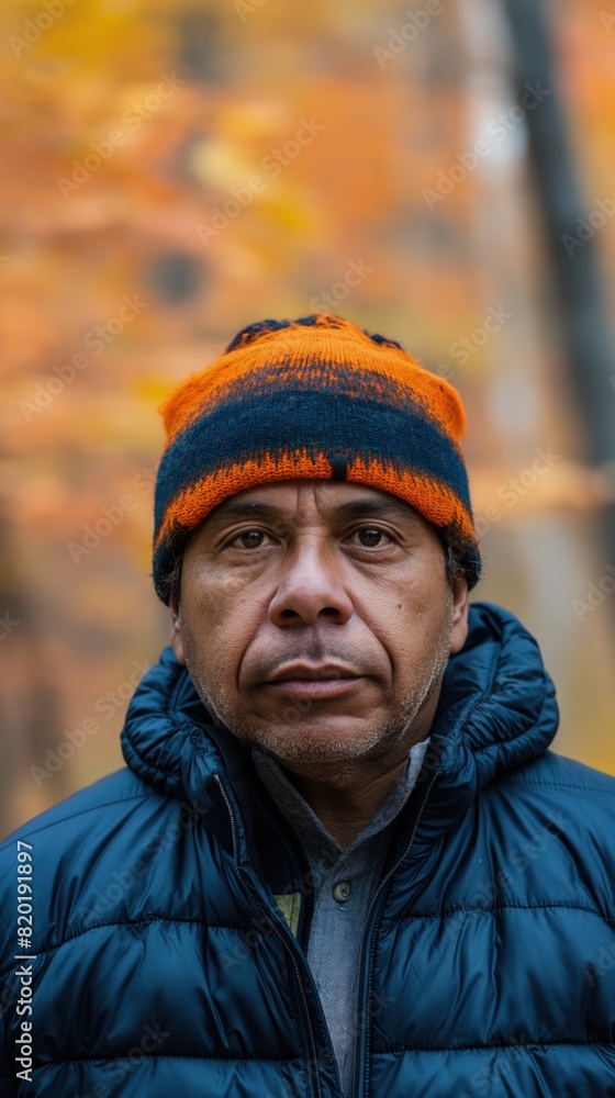 A man dressed in a blue jacket and an orange hat A man dressed in a blue jacket and an orange hat
