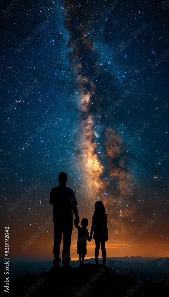 family standing hill looking milky galaxies sky portrait fatherly wonder devotion embracing reach