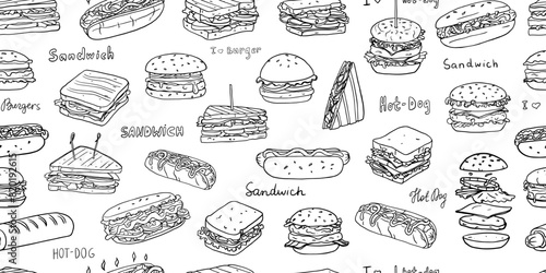 Seamless pattern of hot dogs, sandwiches, cheeseburgers, hamburgers in doodle style. French hot dog. Fast food. Great for menu design, banners, websites, packaging. Hand drawn