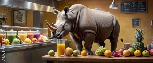 A surreal depiction of a rhino standing at a fruit juice bar inside a rustic cafe  surrounded by an array of colorful fruits and soft lighting.