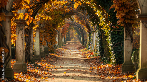 Pathway in park decorated with golden autumn leaves