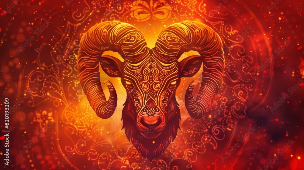 Obraz premium Artistically crafted Aries zodiac symbol - A highly stylized digital representation of the Aries ram zodiac with ornamental details