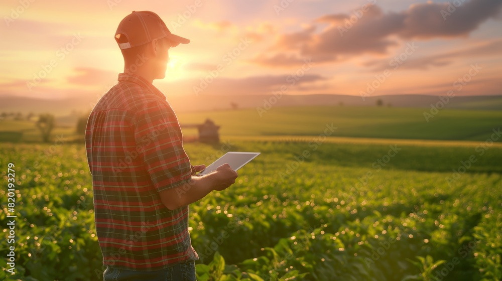 Fototapeta premium Farmer Checking Crop Health With Tablet in a Sunny Field Morning