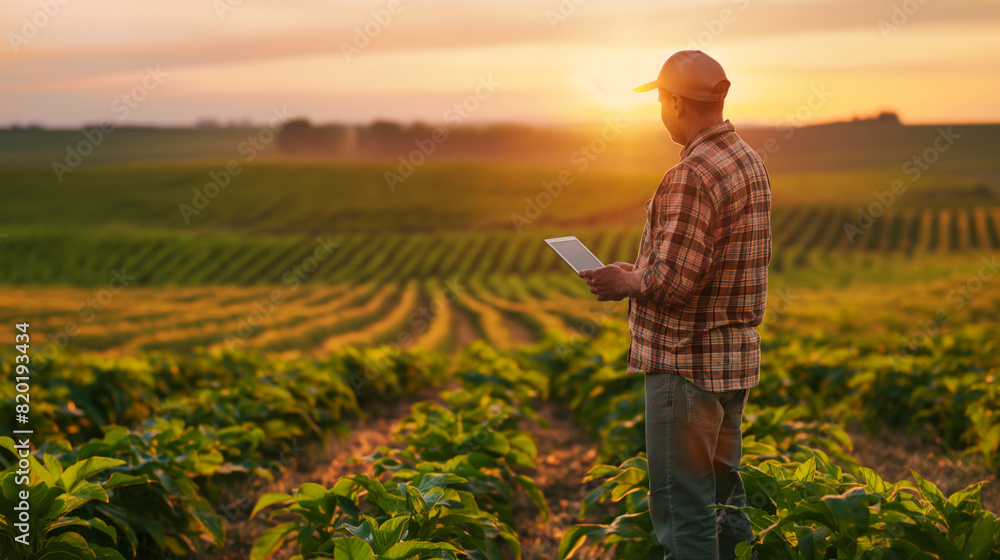 Fototapeta premium Farmer Checking Crop Health With Tablet in a Sunny Field Morning