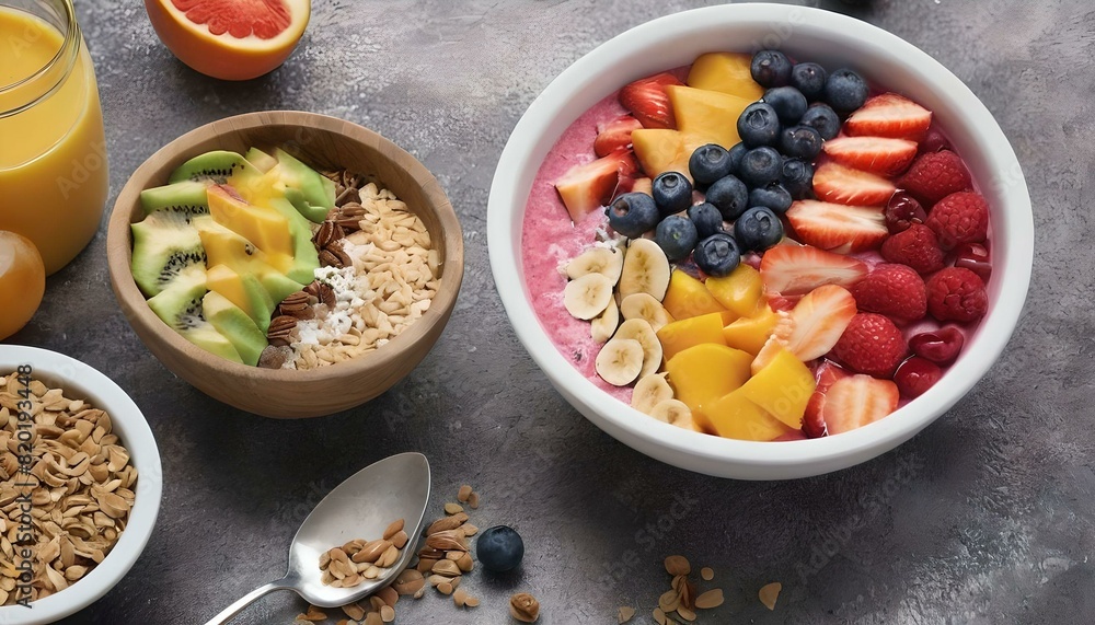 Vibrant and Healthy Smoothie Bowl with Fresh Berries, Sliced Banana, Chia Seeds, and Granola, Perfect for a Nutritious Breakfast Vibrant and Healthy Smoothie Bowl with Fresh Berries, Sliced Banana, Chia Seeds, and Granola, Perfect for a Nutritious Breakfast