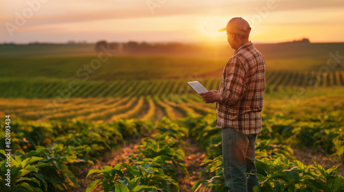 Farmer Checking Crop Health With Tablet in a Sunny Field Morning
